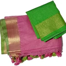 stb-silk textiles bhagalpur Women's Linen Slub Saree With Unstitched Contrast Blouse Piece, Pink-picture-51