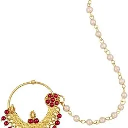 cz stone Royal Gold Finish Nose Ring with Red Beads, Kundan Stones and Pearl Detailing-picture-27