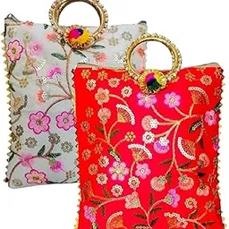 Tanmish World Potli | Silk Wedding bag| Christmas Return Gift | Traditional Embroidered Potli Handbag with Golden Handle – Ethnic Clutch Bag for Women & Girls – Bridal, Wedding (WHITE & RED)-picture-64