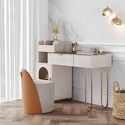 Vandana Interiors Modern 35.4" Luxury Makeup Vanity Dressing Table with Drawers, Stainless Steel Base and Tempered Glass Top White-picture-22