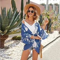 ubersweet Women Floral Print Kimono Cardigan Open Front 3/4 Sleeves Loose Vintage Bohemian Holiday Beach Bikini Cover Ups Casual Tops-picture-41