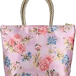 Kuber Industries Silk Small Hand Bags for Women Stylish with Handle & 1 Outer Zip Pocket | Traditional Handheld Bags for Women | Ethnic Ladies Purse Handbag for Return Gifts | Pink-image-69