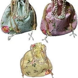 neevi ventures Floral Potli Bag for Women & Girls | Pearl Handle Drawstring Potli for Wedding, Party & Festive Use | Ethnic Bridal Return Gift Pouch for Haldi, Mehndi- peak of 3 image 1