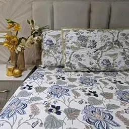 FLOROSENSS Cotton King Size 280Tc Bed Cover | Soft & Durable Bedding Throw for Bedroom Elegant Home Décor | White & Blue Floral | 90''*85''-picture-46