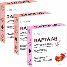 RAFTAAR 2 Packet Chocolate, 1 Packet Strawberry Flavoured Condoms Total 9 condoms For Man | Extra Dotted, Extra Ribbed & Contoured Lubricated Latex Condoms-picture-18
