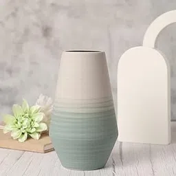 Bonhomie Modern Off-White & Sage Green Ombre Solid Round Ceramic Flower Vase for Home Decor | Center Table Decorative Item for Living Room, Dining Table, Office, Bedroom | Pack of 1 (Without Flower) image 1