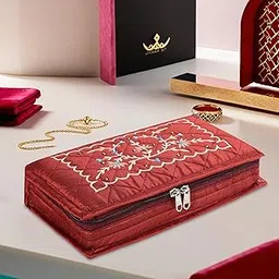 Kuber Industries Cotton Makeup Pouch Bag with 7 Compartments | Jewellery Organisers Pouch for Storage Earrings, Rings and Bracelet | Embroidery Design - Maroon-image-11