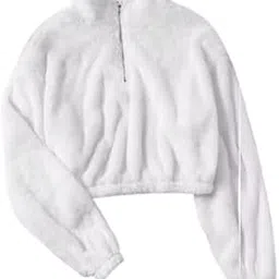 Plush Fleece Half-Zip Crop Sweatshirt for Women | White Long Sleeve Pullover with Mock Neck | Cozy Winter Casual Wear-image-78