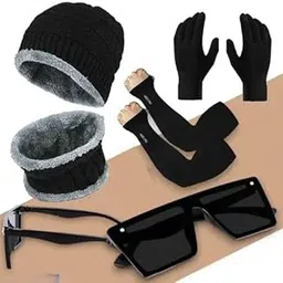 giffemans Winter Woolen Knit Beanie Cap with Neck Muffler/Neckwarmer, and Sunglasses with Gloves & Neck Muffler Warn | Neck Warmer and Woolen Gloves Set for Men & Women Combo Set of 4 image 1