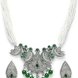 karatcart Green Beads Oxidised Silver Jaipuri Choker Necklace Set for Women-picture-29