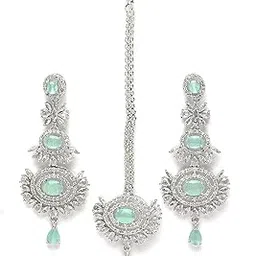 zeneme Rose Gold Plated American Diamond Studded Maang Tikka & Earrings Jewellery Set For Woment and Girl-picture-29