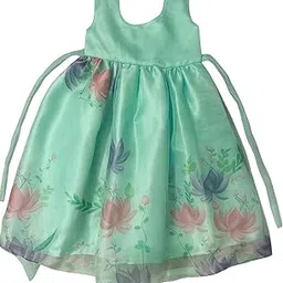 Girls Floral Print Party Dress, Mint Green Satin, Sleeveless with Bow Detail, Pink and Navy Lotus Pattern-picture-44