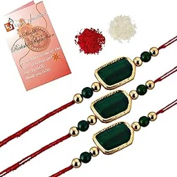 lucky jewellery Mens Designer Gold Plated Combo Green Color Pentagon Shape Rakhi for Bro/Brother/Bhaiya/Bhai/Bhabhi (Pack of 3) Rakshabandan Rakhee Bracelet Rakshashutra (210-J5R1-1691)-picture-26