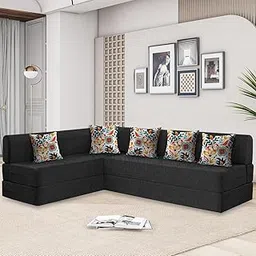 FRIENDS LIFE Sofa Cum Bed | 5 Seater L Shape | Sofa Bed 5 X 6 Feet Foldable Sofa Cum Bed Jute Fabric for Living Room with 5 Printed Cushions - Flipper (Black)-image-12