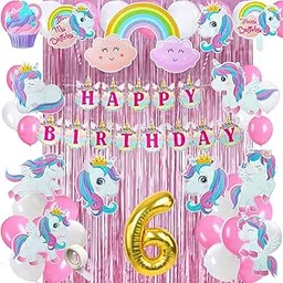 50 pcs 6th Birthday Decoration for Girls Kit Unicorn Theme Banner Decorations Items Pink Curtain Unicorn Cutouts 6th Birthday Decoration for Baby Girl (Pack of 50,Pink & White)-picture-49