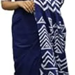 jalther Handicrafts Women's Ikat Hand Block Print Jaipuri Cotton Mulmul Saree with Blouse Piece image 1