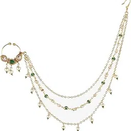 adwitiya collection 24 CT Gold-Plated Green Stone with Chained Nose Ring for Women-picture-15