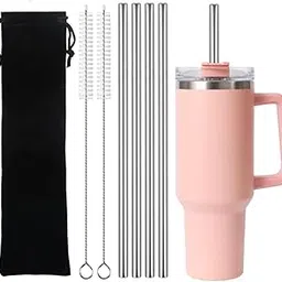 JSRM 4PCS 10mm 316 Grade Stainless Steel Straws with Bag Case for Stanley Cups, Tumblers, Smoothies & Juices | Reusable Metal Straws with 2 Cleaning Brushes | Eco-Friendly, Food Grade & Durable Steel image 1