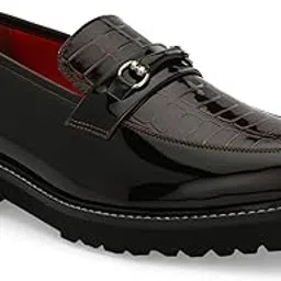 san frissco Men's Loafers Glossy Shine Shoes with Buckle/Anti-Slippery Wrinkle Free Synthetic Upper Slip-On Loafers/Stylish Lightweight and Comfortable Formal Shoe - 10 (Pine), Black-picture-12