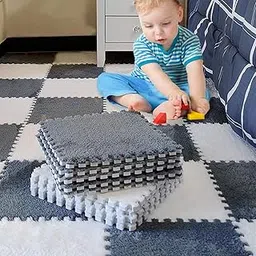 VARENYYA INTERNATIONAL Puzzle Matinterlocking Carpet Shaggy Soft Foam Play Mat Velvet Fluffy Area Rugs, Square Plush Puzzle Floor Tiles Climbing Mats For Rooms Home Parlor Bedroom - Grey&White (20-PCS)-picture-12