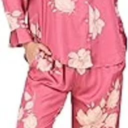 masha Women Over-Size-Pink-Leaves Night Suit Top & Pyjama Set…-picture-48