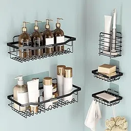 Plantex Bathroom Organiser without Drill/Self Adhesive Bathroom Shelf/Soap Stand for wall/Toothbrush Holder (Black, Pack of 5)-image-0