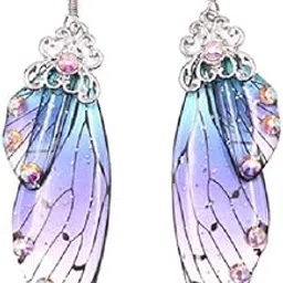 fuqimanman2020 Multicolored Butterfly Wing Hook Earrings Elegant Acrylic Insect Drop Earrings Crystal Dragonfly Wing Earrings for Women Jewelry(Blue), Metal-picture-43