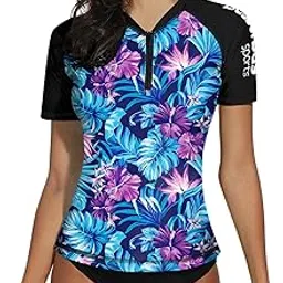 besserbay Women UPF 50+ Half Zip Short Sleeve Rash Guard Shirt Tropical UV Swim Top, Blue & Purple | Floral Leaves, X-Large-picture-39