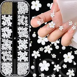 inog 3D Flower Nail Art Charms, 250pcs White Flowers Rhinestones Kit, Crystal Pearls Flat Design Acrylic Studs Manicures Accessories for Women Girls-picture-27