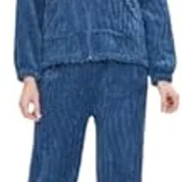 crosstrap Comfortable Women Full Zip Night Suit | Hood Cap & Fleece Pajama(Blue) image 1
