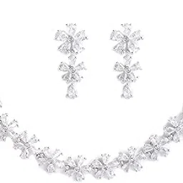 zeneme Rhodium Plated Silver Toned White American Diamond Studded Flower Shaped Jewellery Set For Girls and Women-picture-41