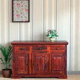 RENEWITURE Sheesham Wood 3 Chest of Drawer with 3 Doors for Bedroom Solid Wooden Sideboard Cabinet with 3 Drawers & Doors for Living Room Furniture Diamond Chest of Drawer for Hallway (Honey Finish) image 1