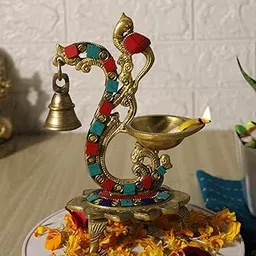 Artvarko Brass Multicolor Bird Peacock Traditional Hanging Bell Diya Oil Lamp Stand Diwali Puja Home Office Temple , 8 Inches-picture-13