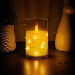 Chronos Acrylic Glass LED Moving Flame Pillar Candle with Fairy - Battery Operated, Flameless, Smokeless, Realistic Flickering, Warm White Light for Home Decor, Diwali, and Christmas (5Inch)-picture-12