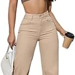 High Waist Wide Leg 4 Pocket Baggy Jeans for Women | High Wasit/Rise Strechable Denim Cream Jeans Womem | Regular Fit, Office Wear (WD_Cream_D)-image-6