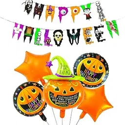 FI - FLICK IN 6 Pcs Halloween Foil Balloon Decoration Banner (Cardstock) Set Pumpkin, Witch Hat, Star Foil Balloons & Spooky Banner for Halloween Party Supplies (Pack of 6)-picture-15