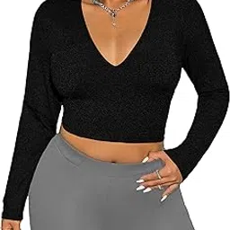 Women's Cotton Stylish Basic Solid V Neck Full Sleeve Black Crop Top T-Shirt for Women L396-image-69