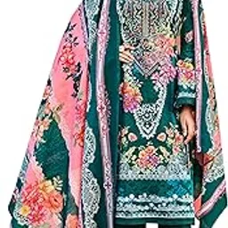 dravinam trends Lawn Cotton Pakistani Embroidered Suit Dress Material with Unstitched Bottoms and Cotton Dupatta image 1