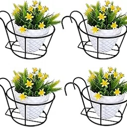 Plant Stand for Balcony Railing & Wall – Iron Hanging Flower Pot Holder Stand | Decorative Hanging Planter for Indoor Outdoor Garden (Set of 4, Black) image 1