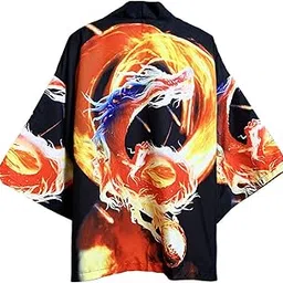 xbslj Kimono Cardigan Men，Men's Loose Fit Japanese Kimono Vintage Printing Cardigan Shirts Jacket Beachwear Casual wear,A-XXLarge image 1