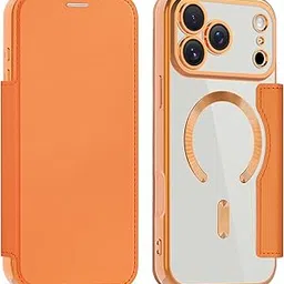 BOUNCEBACK Electroplated Mag-Charge Support Vegan Leather Flip Flap Wallet Back Case Cover for iPhone 17 Pro Max- Orange-picture-40