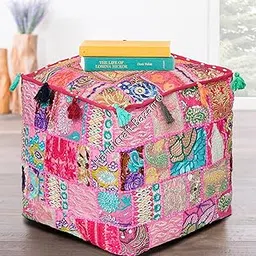 Khambadiya Throw Ottoman Pouf Case, Vintage Cotton Solid Footstool Patchwork Designer Square Bean Bag (16X16 Inch)-image-0