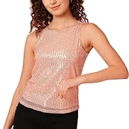 globus Women Rose Gold Embellished Sequinned Net Party Top-picture-50
