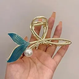 Giggles Boo | Mermaid Pearl Hair Claw Clip | Metal Hair Clutcher with Turquoise Leaf Design | For Hair Styling (11 x 5.5 cm)-picture-48