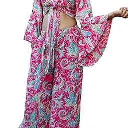 PRAJAPATI Textiles Women’s and Ladies Silk Top and Bottom Set Wrap Top Beach Wear Tunic Top and Bottom Women`s Casual Sleeve Printed Top (Pink)-image-7