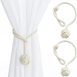 Curtain Tiebacks Rope, Natural Cotton Knot Ball Cord Drapery Holdbacks, Heavy Duty Curtain Ties for Indoor/Outdoor Curtains (Beige, 25 x 2.7 inches, Set of 2)-picture-43