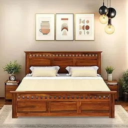 Yoobure Wooden King Size Bed Without Storage | Wooden Double Bed Cot Bed for Bedroom Furniture | Palang Double Bed for Hotels | Solid Sheesham Wood, Natural Finsh, Recommended Mattress Size: 78 X 72-image-3