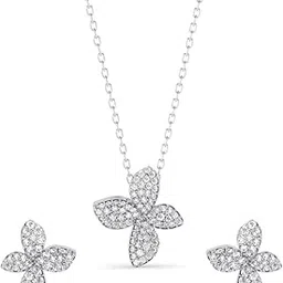 clara 925 Sterling Silver Floral Pendant Earrings Chain Necklace Jewellery Set | Platinum Plated, Swiss Zirconia | Gift for Women and Girls-picture-42