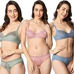 bylko Women Non Padded Non Wired Mid Coverage Half Net Bra & Panty Regular Lingerie Set for Women Combo Pack of 3-picture-39