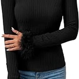 glare & blair Women Fitted Regular Stylish High Neck Ribbed Full Sleeve Top with Fuzzy Trim-picture-39
